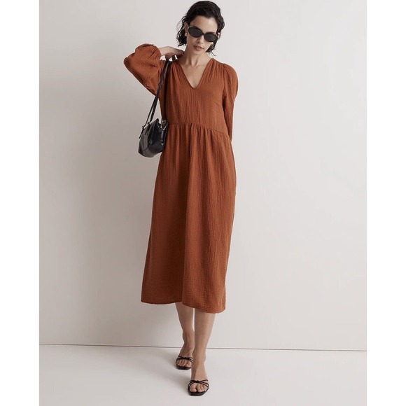 NWT Madewell Womens Midi Dress XS Lightspun V Neck Double Gauze Pockets Brown - Picture 2 of 15